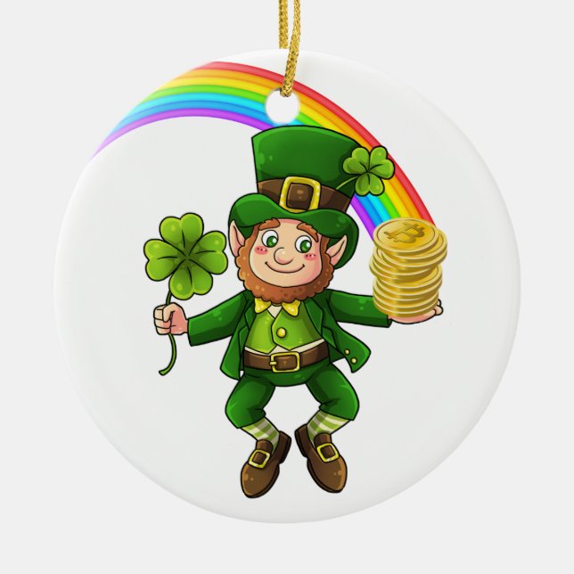 Lucky Bitcoin Rainbow Leprechaun Ceramic Tree Decoration (Front)