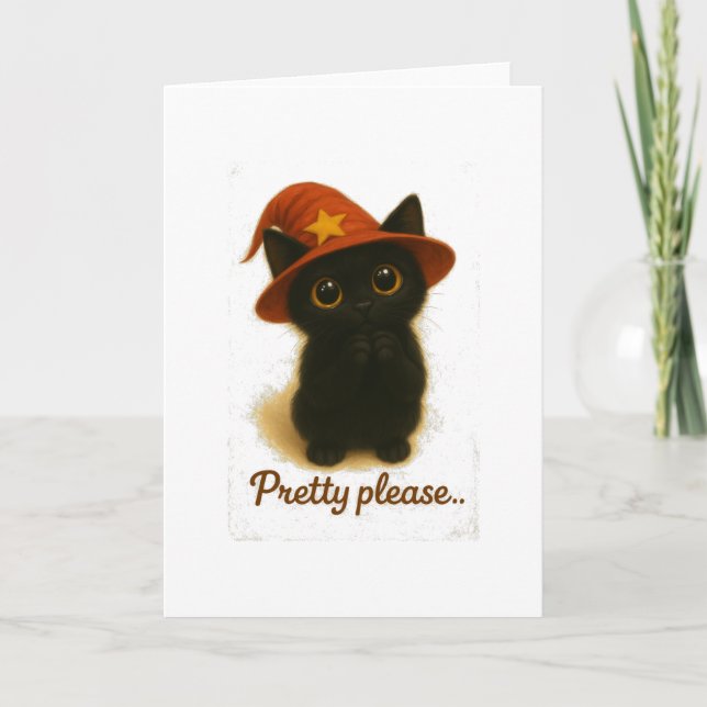 Lucky Black Cat Emi – Pretty Please Witch Hat Card (Front)
