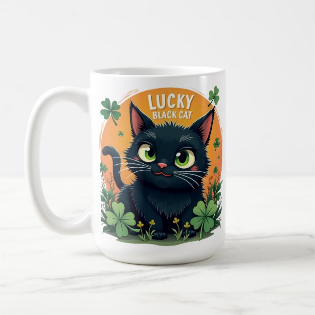 Lucky Black Cat: St. Patrick's Day Clover & Coins  Coffee Mug (Left)