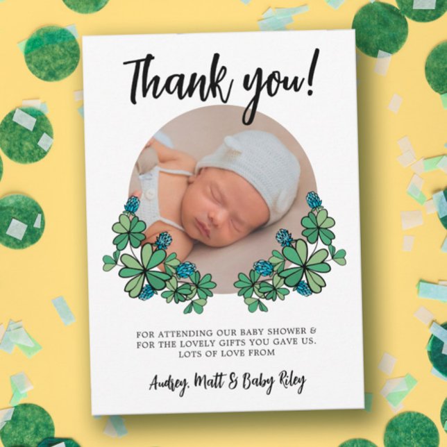 Lucky Blue Clovers Photo Boy Baby Shower Thank You Card (Creator Uploaded)