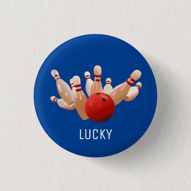 Lucky bowling on blue 3 cm round badge (Front)