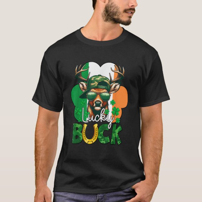 Lucky Buck Shamrock Reindeer Irish Flag Saint Patr T-Shirt (Front)