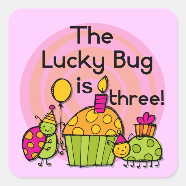 Lucky Bug Cupcake 3rd Birthday Tshirts and Gifts Square Sticker (Front)