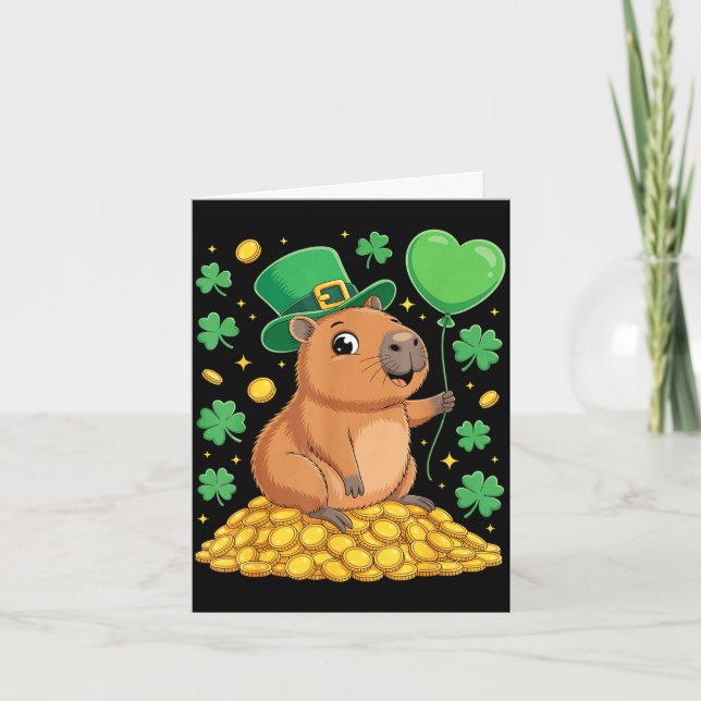 Lucky capybara st patricks day clover leprechaun card (Front)