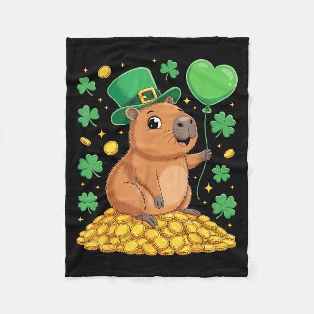 Lucky capybara st patricks day clover leprechaun fleece blanket (Front)