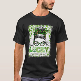 Lucky Cardiac Nurse Messy Bun Leopard St Patrick's T-Shirt