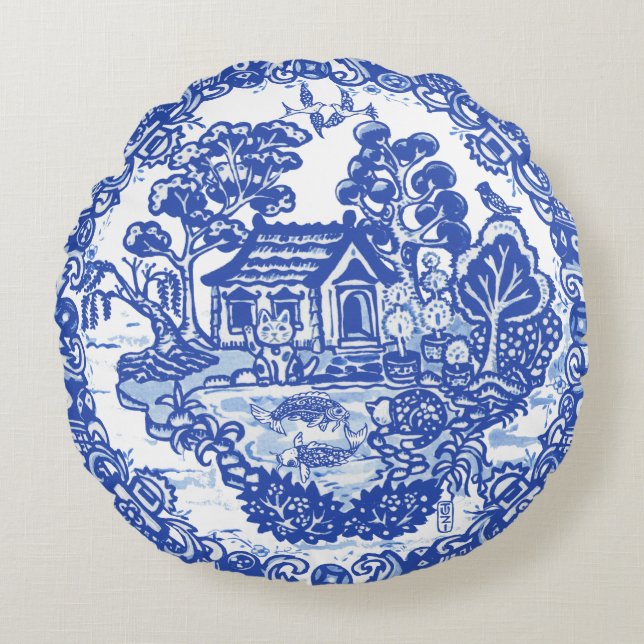 Lucky Cat Blue Willow Koi Bird Asian Pagoda Garden Round Cushion (Front)