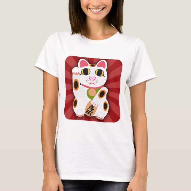 Lucky Cat Cartoon Cute White Fortune Pet Art T-Shirt (Front)