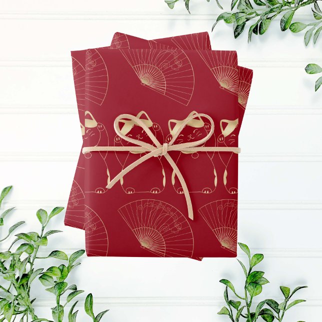 Lucky Cat Maneki Neko Asian Good Fortune Red Gold  Wrapping Paper Sheet (Creator Uploaded)