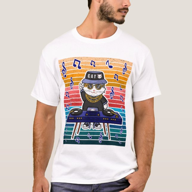 Lucky Cat Maneki Neko DJ Retro Music Art T-Shirt (Front)
