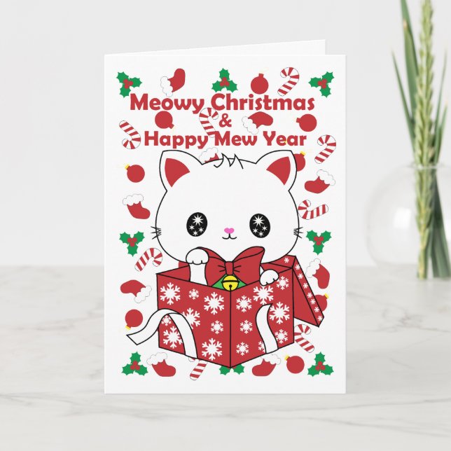 Lucky Cat Merry Christmas and Happy New Year Japan Holiday Card (Front)