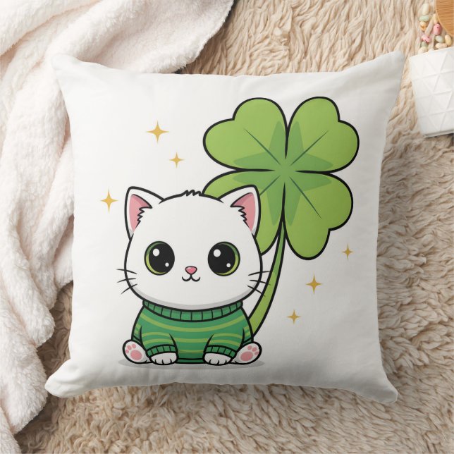 Lucky Cat Pillow - Kawaii Clover Design - Cute  (Blanket)