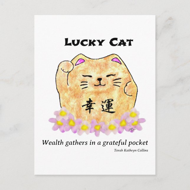 Lucky Cat - Wealth gathers in a grateful pocket Postcard (Front)