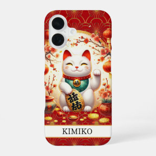 Lucky Cat With Gold Coins On Red Monogrammed iPhone 16 Case