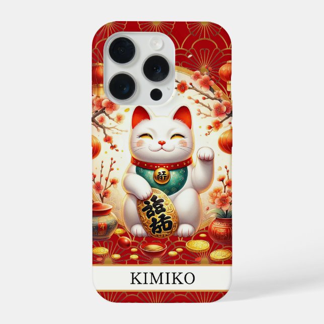 Lucky Cat With Gold Coins On Red Monogrammed iPhone Case (Back)