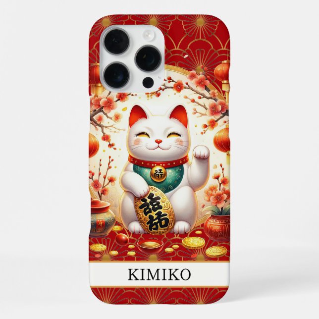 Lucky Cat With Gold Coins On Red Monogrammed iPhone Case (Back)