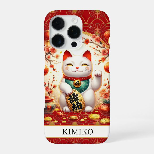 Lucky Cat With Gold Coins On Red Monogrammed iPhone Case (Back)
