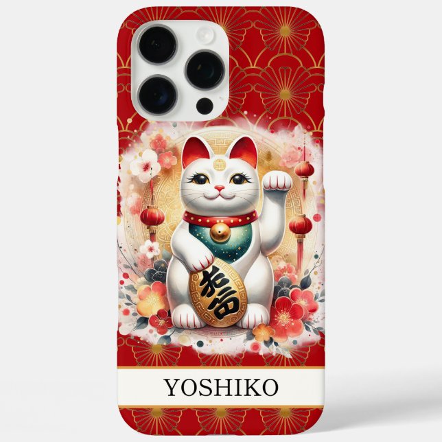 Lucky Cat With Red Flowers Monogrammed Case-Mate iPhone Case (Back)