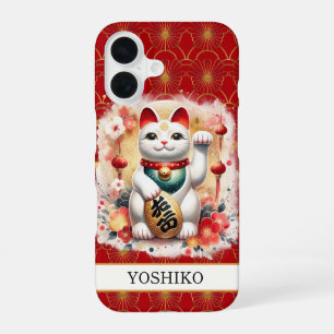 Lucky Cat With Red Flowers Monogrammed iPhone 16 Case
