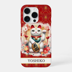 Lucky Cat With Red Flowers Monogrammed iPhone 16 Pro Case
