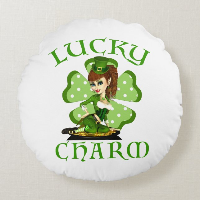 Lucky Charm Leprechaun Round Pillow (Front)
