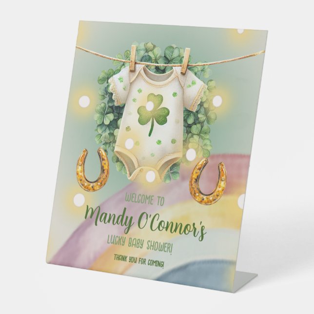 Lucky Charm Shamrock and Rainbow Baby Shower Pedestal Sign (Front)
