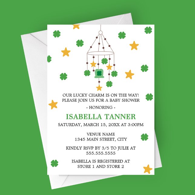 Lucky Charm Shamrock and Star Mobile Baby Shower Invitation (Lucky Charm Shamrock and Stars Baby Mobile Baby Shower Invitation for St. Patrick's Day)