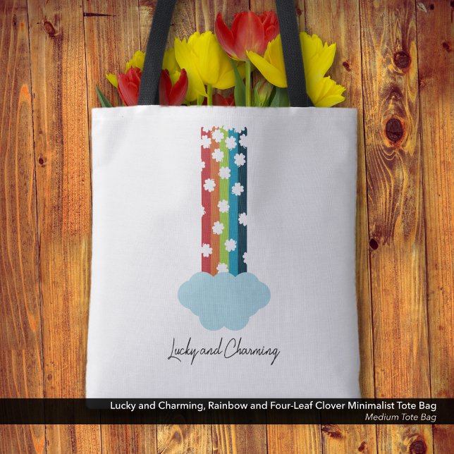 Lucky & Charming Rainbow 4-Leaf Clover Minimalist Tote Bag (Lucky & Charming Minimalist Tote Bag with a Rainbow and Four-Leaf Clover Design.)