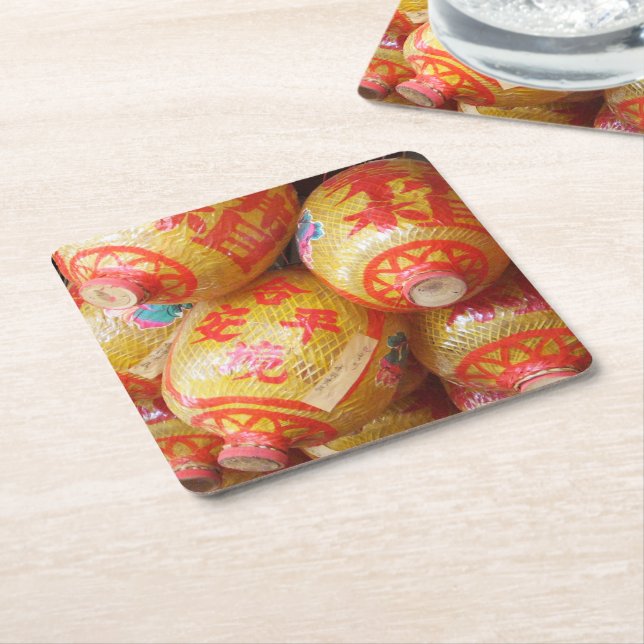 Lucky Chinese Paper Lanterns Square Paper Coaster (Angled)