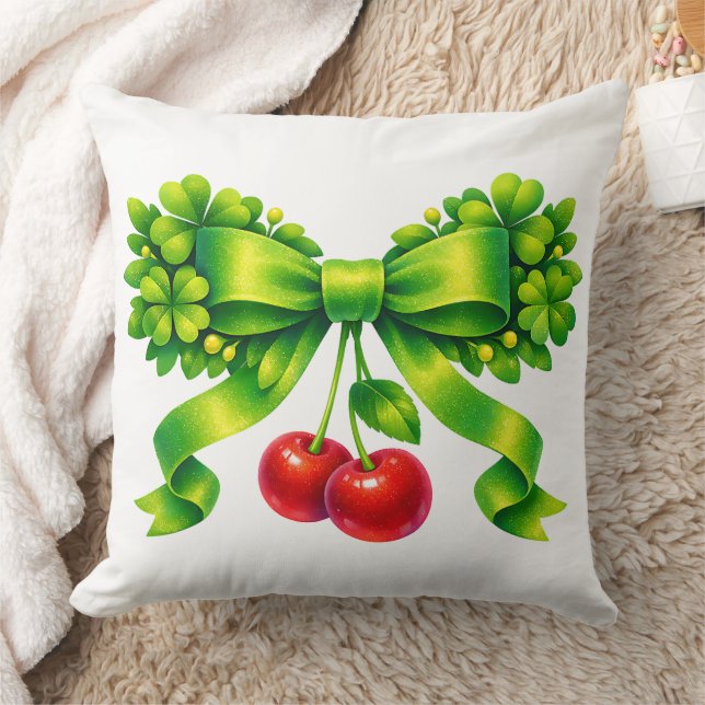 Lucky Clover Bow with Cherries Green Design Cushion (Blanket)