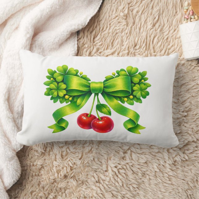 Lucky Clover Bow with Cherries Green Design Lumbar Cushion (Blanket)