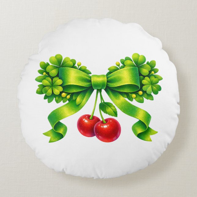 Lucky Clover Bow with Cherries Green Design Round Cushion (Front)