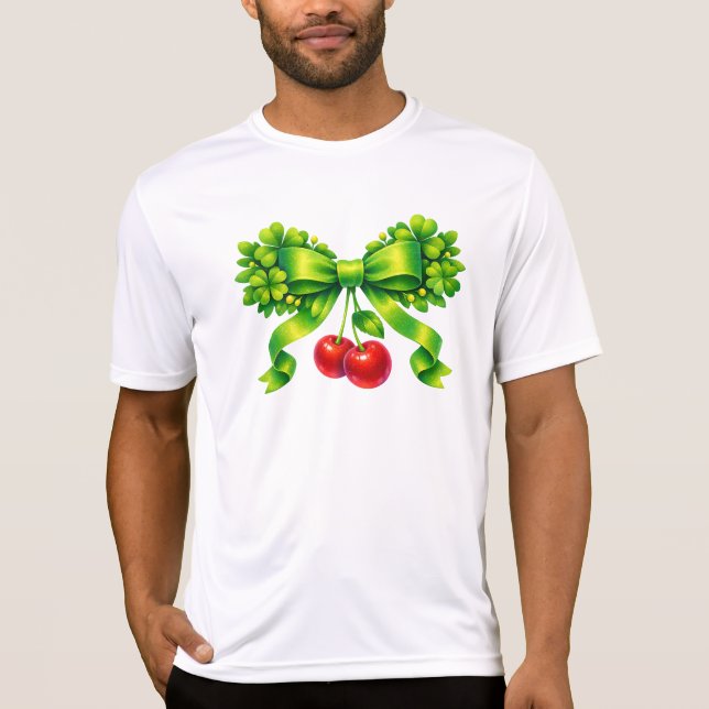 Lucky Clover Bow with Cherries Green Design T-Shirt (Front)