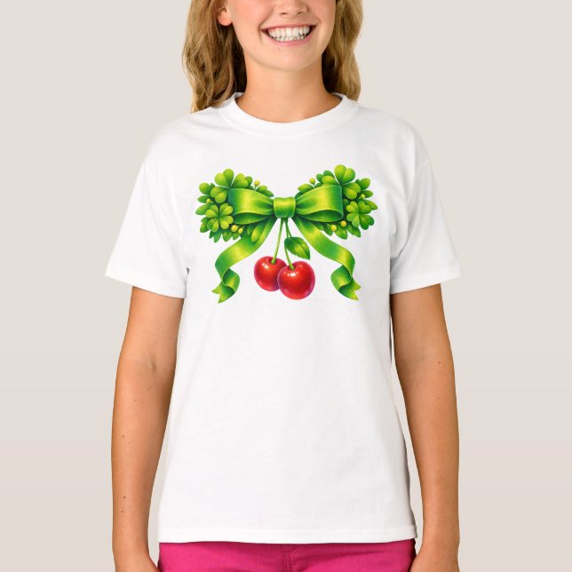 Lucky Clover Bow with Cherries Green Design T-Shirt (Front)