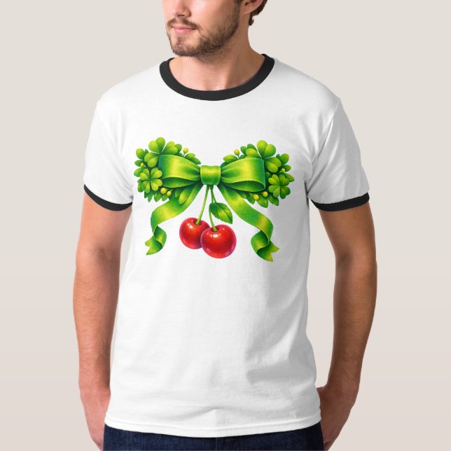 Lucky Clover Bow with Cherries Green Design T-Shirt (Front)