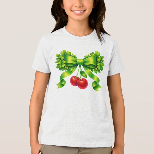 Lucky Clover Bow with Cherries Green Design Tri-Blend Shirt (Front)