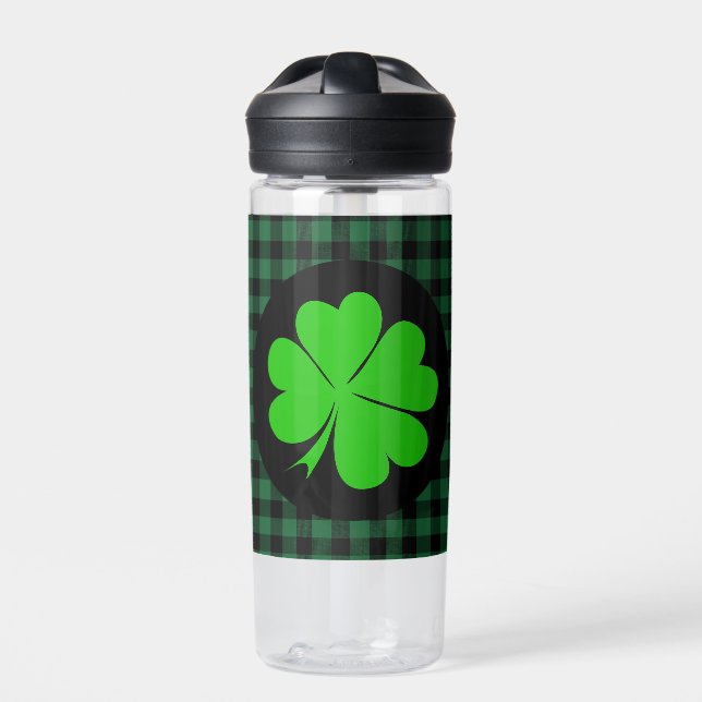 Lucky Clover charm, Shamrock, Green buffalo plaid Water Bottle (Front)