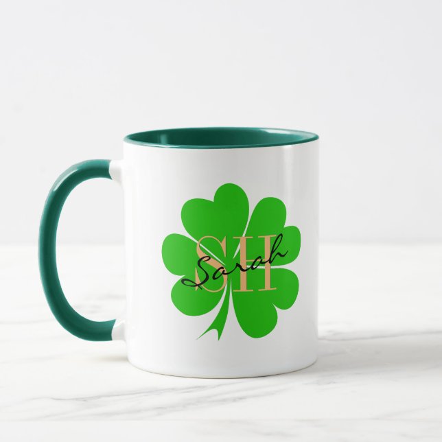 Lucky Clover leaf monogrammed & Shamrock / Irish Mug (Left)