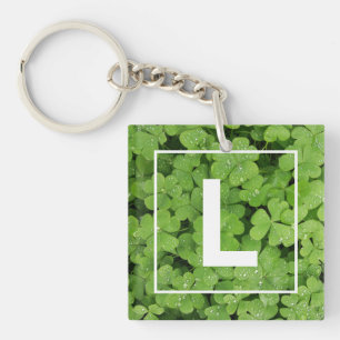 Lucky clover monogram, green meadow shamrock key ring