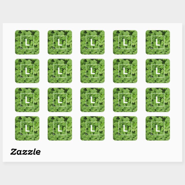 Lucky clover monogram, green medow square  sticker (Sheet)