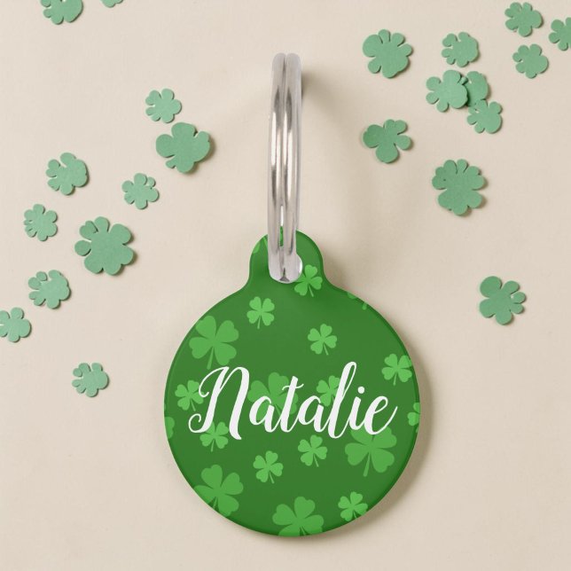 Lucky Clover Personalised Pet Tag (A personalized pet tag in green with clovers or shamrocks all over, St Patrick's day or Irish.)