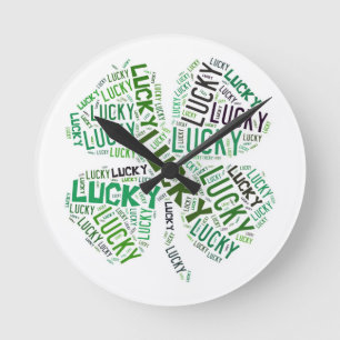 Lucky Clover Word Art Round Clock