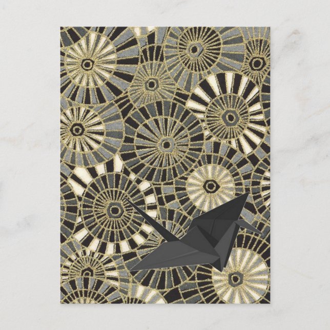 lucky crane gold japanese fan pattern postcard (Front)