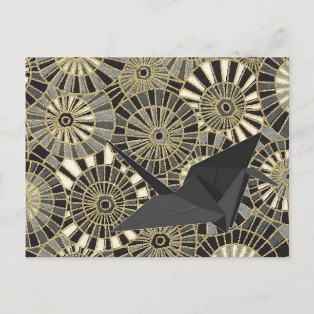lucky crane gold japanese fan pattern postcard (Front)