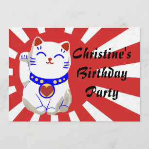 Lucky cute neko cat on rising sun invitation