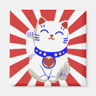 Lucky cute neko cat on rising sun magnet