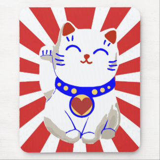 Lucky cute neko cat on rising sun mouse pad