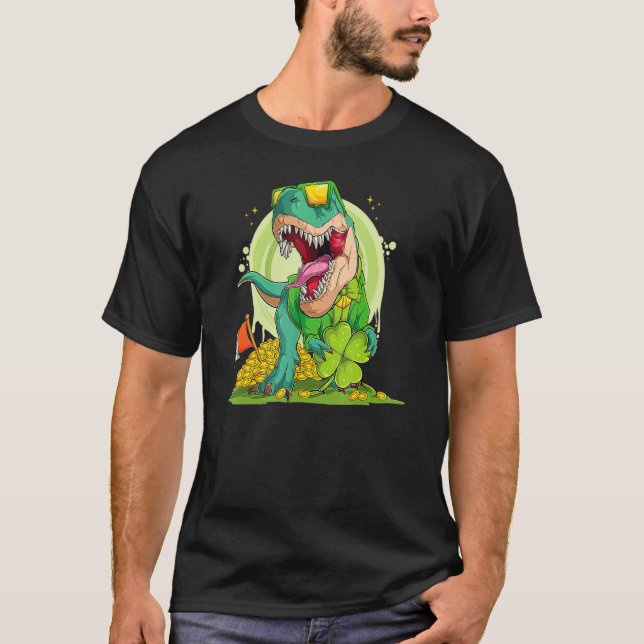 Lucky Dinosaur T Rex Leprechaun Clover Irish Sungl T-Shirt (Front)