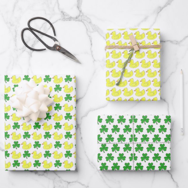 Lucky Duck Rubby Duck Shamrock Clover Good Luck Wrapping Paper Sheet (Front)