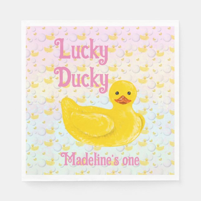 Lucky Ducky First Birthday Invitation Napkin (Front)